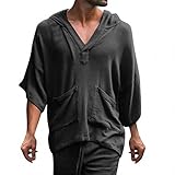 Roselan Streetwear Herren Sport Wandern V-Ausschnitt Kurzarm Herren T-Shirt Halbarm Kapuze Doppeltaschen Shirt Freizeithemd Spleißhülse Shirt Herren Hemd Kap