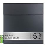 Briefkasten anthrazit mit Hausnummer und Name (RAL 7016) MOCAVI Briefkasten Box 530 Postkasten groß mit Zeitungsrolle V4A-Edelstahl-Schild mit Gravur schmal Wand-Briefk
