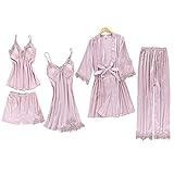 Chongmu Damen Pyjama Sexy Spitze Satin Nachtw?sche Einfarbig Seide Bademntel 5 St¨¹ck Nachthemd V-Ausschnitt Cami,Rosa X-XXL