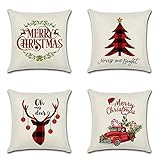 4er Set Kissenbezug Weihnachtsdeko Rot Schwarz Plaids Leinen Atmungsaktiv Auto Sofa Dekokissen Sofakissen Bezug Auto Home Bed Büro Cafe Garten Bauernhaus Dekor kissenbezüge 24x24inch/60x60