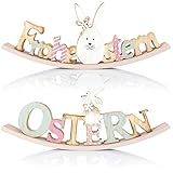 com-four® 2X Oster-Schriftzug aus Holz, Frohe Ostergrüße mit Osterhase zum Hinstellen, dekorativer Aufsteller als Tischdeko für O