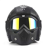 MRDEAR Motorrad Jethelme Vintage Schwarz Retro Mofa-Helm Rollerhelm Handgemachtes PU-Leder Scooter-Helm Roller Chopper Vespa Sturz-Helm Motorradhelm Damen Herren mit Visier Brille Maske,M