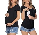 Stillshirt Kurzarm Stilltop Schwangerschaft Umstandsmode Nursing T Shirts für Schwangere Schwarz L