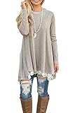 NICIAS Damen Lange Ärmel T-Shirt Pullover Rundhals Spitze Tunika Top Lässige Oberteil Bluse Shirt Khaki, XX-Larg