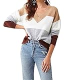 SHUNFAYOUXIANGS Damen Pullover Frauen-V-Ausschnitt-Langarm-Pullover lose lässig Kabelstrick-Farbblock-Pullover-Bluse Pullover Winter Warm Oberteil (Color : Khaki, Size : S)