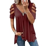 wsxcfyjh T-Shirt Kurzarmhemden Damenmode T-Shirt Sexy T-Shirt Mit V-Ausschnitt Reißverschluss Einfarbig Kurzarm Lässiges T-Shirt Loses Trägerloses T-Shirt Weinrot L