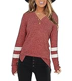 BOTRE Langarmshirt Damen Tuniken Top V Ausschnitt Knopfleiste Bluse Lange Oberteile Casual Lose Langarm T-Shirt Pullover (Weinrot 4, L)