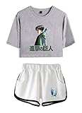 AMOMA Damen Mädchen Anime Attack on Titan Cosplay Kurze T-Shirt und Kurze Hose Zweiteiler Baumwolle Trainingsanzug(XL,Green-Grey-White)