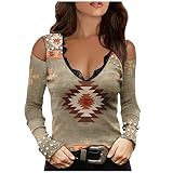 Pullover Damen Bluse Langarm Shirt Tunika Tshirt Kleidung Oberteile Tops Top Bluse Damen Spitze Casual V-Ausschnitt Gedruckt Langarm Schulterfrei (XXL,5beige)