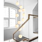 LED Pendelleuchte Treppenhaus Lang 12-Flammig aus Glas Kugel Hängeleuchte Esstisch G9 Weiss Pendellampe Höheverstellbar Kronleuchter Modern für Treppe Lampe Wohnzimmer Villa Küchen Flurlamp