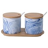 OnePine 2er Set Keramik Gewürzdosen Zucker Schüssel Marmormuster Salztopf Keramik Zuckerdose Gewürzgläser mit Bambuspaletten für Tee Zucker Salz Gewü