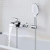 Synlyn Badewannenarmatur Wasserfall Wasserhahn Badewanne Armatur mit Druckschalter Dusche Mischbatterie mit Handbrause Wannenarmatur D