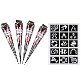 Lictin 4 Stück Henna Tattoo Temporäre Tattoos mit Henna Tattoo Schablonen Henna Tattoo Creme Schwarz Tattoo Set mit Handschuhe Tattoo Sticker Natürliche Kegel Henna Haarfarb