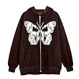 Orgrul Damen Vintage Lose Tasche Mode Kapuze Zip Top Frauen Zip Hoodie Sweatshirt Drawstring Langarm Mantel Punk Vintage Streetwear Schmetterling Drucken 171F (L, Kaffee)