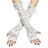 Ousyaah Spitze Fingerlose Handschuhe Gotische Spitzenhandschuhe Ellenbogen Schwarze Spitze Satinhandschuhe Lange Spitze B