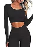 Mayround Nahtlose Frauen Yoga Sets 2 Stück gerippt | Langarm Top und hohe Taille Leggings Gym Kleidung Set | Damen Sportswear Set, A-schwarz, Small-M