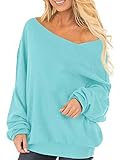 Auxo Damen Langarm Schulterfrei Jumper Lose Sweatshirt Pullover Oberteil Tops Hemd Oversize 01-hellblau Larg