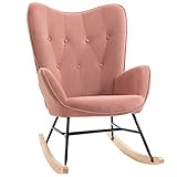 HOMCOM Schaukelstuhl mit Stahlrahmen gepolstert Relax Stuhl Sessel Stuhl Wohnzimmersessel Lounge mit gepolsterter Sitzfläche samtartiges Polyester Gummiholz Metall Rosa+Natur 84 x 70 x 96
