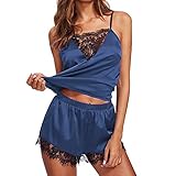 Damen Ärmelloser Sexy Dessous Set Satin Cami V-Ausschnitt Top Pyjama Sets Unterwäsche Babydoll Spitze Pyjama Zweiteilig Morgenmantel mit Shorts Oberteil und Hose Erotik Nachtw