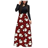 NHNKB Damen Weihnachten Weihnachtsmann Schneemann Print Empire Taille in voller Länge Maxikleid Frauen O-Ausschnitt Langarm Maxikleider Kleider (Red, XXL)