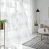 Topfinel Stickerei Voile Gardinen mit Ösen in Leinen-Optik Barock Vintage für Wohnzimmer Fenster Tüll Vorhänge Transparente Dekoschal 2er Set je 225x140cm (HxB) Weiß