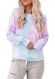 Yming Frauen Langarm Bluse Beiläufig Batik Sweatshirt Freizeit Oberteil Blau Violett XXL