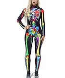IDGREATIM Damen Halloween Jumpsuit Catsuit 3D Bunte Skeleton Print Zipper Zurück Halloween Cosplay Kostüme Langarm Skinny Catsuit Einteilige Overall M