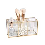 Hearthxy Kosmetik Organizer Gold Glas Transparent Make up Pinselhalter Stifthalter Schmink Aufbewahrung Kosmetikorganiser mit 3/4 Fächern Schminktisch Zubehör für Pinsel,Eyeliner,Lipp