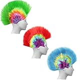 Kurtzy Bunte Irokesen Perücke LED Beleuchtet Regenbogen Punk Mohawk Haarteil Set (3 Stk) - 80er Rockstar Rocker Irokese Perücken Bunt für Kostüm, Verkleiden, Party, Halloween, Cosplay, Damen, H