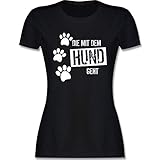 Geschenk für Hundebesitzer - Die mit dem Hund geht - L - Schwarz - Tshirt Damen die mit den Hunden geht - L191 - Tailliertes Tshirt für Damen und Frauen T-S