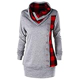 Lazzboy Frauen Plus Größen Plaid Volant Oberseiten Tunika Kariertes Panel Schatz Ansatz T-Shirt Damen Langarm Asymmetrisch Karo Top(Grau,3XL)