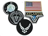 Stargate SG1 Atlantis – Set mit 5 bestickten Abzeichen – Hauptteam-Requisiten-Aufnäher – SG-1, Chevron, Atlantis, US-Flagge und USAF