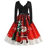 Weihnachten Kleid Damen Retro Cocktailkleid Drucken Kleid A-Linie Elegant Lange ÄRmel Weihnachtsmann Printed Skater Kleider Vintage Rockabilly Kleid V-Ausschnitt Mit GüRtel Midilang Partyk