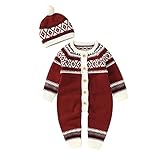 Lerrita Baby Plüsche Weihnachtsoverall Neugeborenes Kleines Kind Strick Langarm Strampler Warme Jumpsuit Linienmuster mit Hut für Weihnachten Winter Baby Strampler (Rot, 3-6 Months)