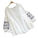 ClodeEU Frauen Weiß Oversize Oberteil Elegant Casual Laterne Lange Ärmel Vintage Gedruckt Casual O-Ausschnitt Lose Tops Bluse Pullover, weiß, X-Larg