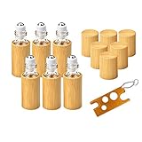 6 Stück Roll On Flaschen für ätherisches Öl mit Bambusschale, MERYSAN 5ml Nachfüllbarer Leer Behälter mit Edelstahl-Roller Kugeln, Roller Ball Flaschen Container für Aromatherapie D