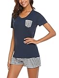 Unibelle Schlafanzug Damen Kurz Sommer Pyjama Shorty Nachtwäsche Hausanzug Kurzarm Rund Ausschnitt Sleepshirt Zweiteiliger Marineblau S
