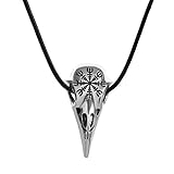 BlackAmazement Halskette mit Anhänger Raben Krähen Skull Schädel Totenkopf Vegvisir Wegweiser Symbol Lederkette Wikinger Viking Gothic Biker Damen H