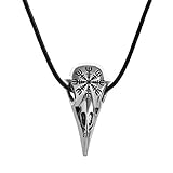 BlackAmazement Halskette mit Anhänger Raben Krähen Skull Schädel Totenkopf Vegvisir Wegweiser Symbol Lederkette Wikinger Viking Gothic Biker Damen H