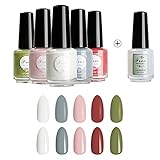 Lacomchir Schnelltrocknender Atmungsaktiv Nagellack 8mlx 6Pcs 5 Farben Matt& 2 in 1 Base & Top Coat Apfelgrün Silber Grau Nagelpolitur Nagellack Weiß Veganer Glänzend Umweltschutz Ungiftig