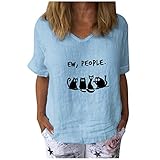 Frauen Tops Casual Kurzarm Funny Cat Printed T-Shirt V-Ausschnitt Baumwolle Leinen Lose Tunika Bluse (L,Z2 Hellblau)