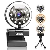1080P Webcam mit Mikrofon, Full HD Facecam Streaming Webcams, USB Kamera mit Ringlicht, Stativ, 360° Schwenken, JIGA Web Camera für PC, Videochat, Laptop, Zoom, Skype (Weiß, Warmes, Natürliches Licht)