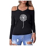 XUNN Damen Tops Einfarbiges Schulterfreies Strass-Muster Langärmliges Damen Oberteil mit Rundhalsausschnitt Frühlings- und Herbst-Langarm-Top Shirt Tunika Tshirt Kleidung