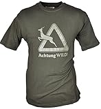 .com Hubertus T-Shirt Achtung Wild! Oliv/grün aus 100% Baumwolle Jagdshirt mit Rundhalsausschnitt Outdoorshirt mit Motiv Verkehrsschild von oefele.de (7XL (66))