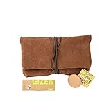 COMARI Tabaktasche aus Wild-Leder | Separates Paper- & Filterfach | gratis Gizeh Papers & Greengo Tabakbefeuchter (Cognac Braun)