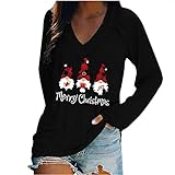 EMATOP Weihnachten Langarmshirt Damen Sweatshirt Lässige Langarm Oberteile V-Ausschnitt Mode Weihnachtspullover Locker Weich Pullover Rotweinglas Elch Druck Pulli Sweater Tops Teenager M