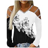 GFGHH Sexy Oberteil Damen Kreuz Pullover Sweatshirt Langarmshirt Tops Hemd Shirt Off Shoulder Einfarbig Tshirt Bluse Tunika Schwarz Lace Elegant Schulterfrei T-Shirt Pullover Langarm Long