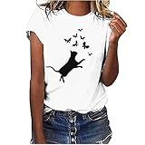 Masrin T-Shirt mit Katzendruck Damen Oberteile Lässiger Pullover mit Tiermotiv Sommer Elegante Basic T-Tops Kurzärmlige, lockere Tunika-Bluse mit O-Ausschnitt(XL,#10)