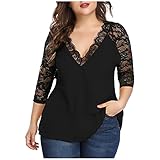 Briskorry Spitzenbluse Damen Große Größen Wasserfall Oberteil Mesh Einsatz Blumendruck Bluse Asymmetrisch Volant Saum Langarmshirt Elegant Abendmode für Mollige Reizvoll Tops Party O