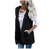 XOXSION Damen Winter Weste, Warm Fashion Hoodie Outwear Casual Coat Faux Zip Up Sherpa Jacke Cord Elegante Tank Top Sexy Jacke Mit Kapuze Übergangsjacke Slim Einfarbig Sweatshirt(Schwarz,XL)